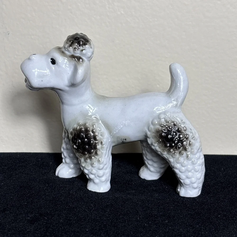 Vintage Poodle Figurine Ceramic / Porcelain Made in Japan White w/black TopKnot